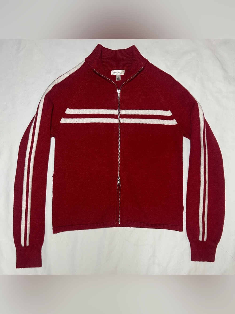 Red Double Zipper Sweater with White Stripes